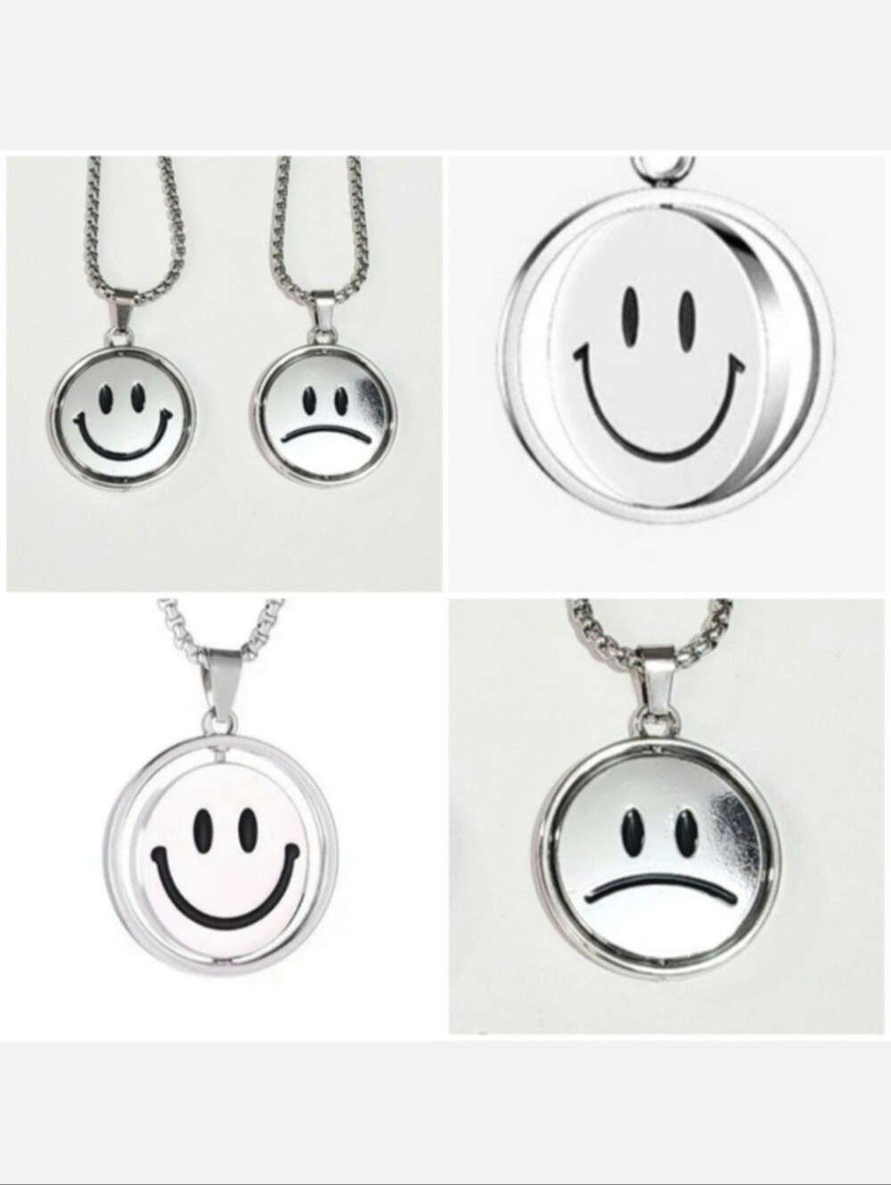 Silver Rotating Spin Smiley Face Sad Face Pendant Necklace Fidget Toy Jewelry